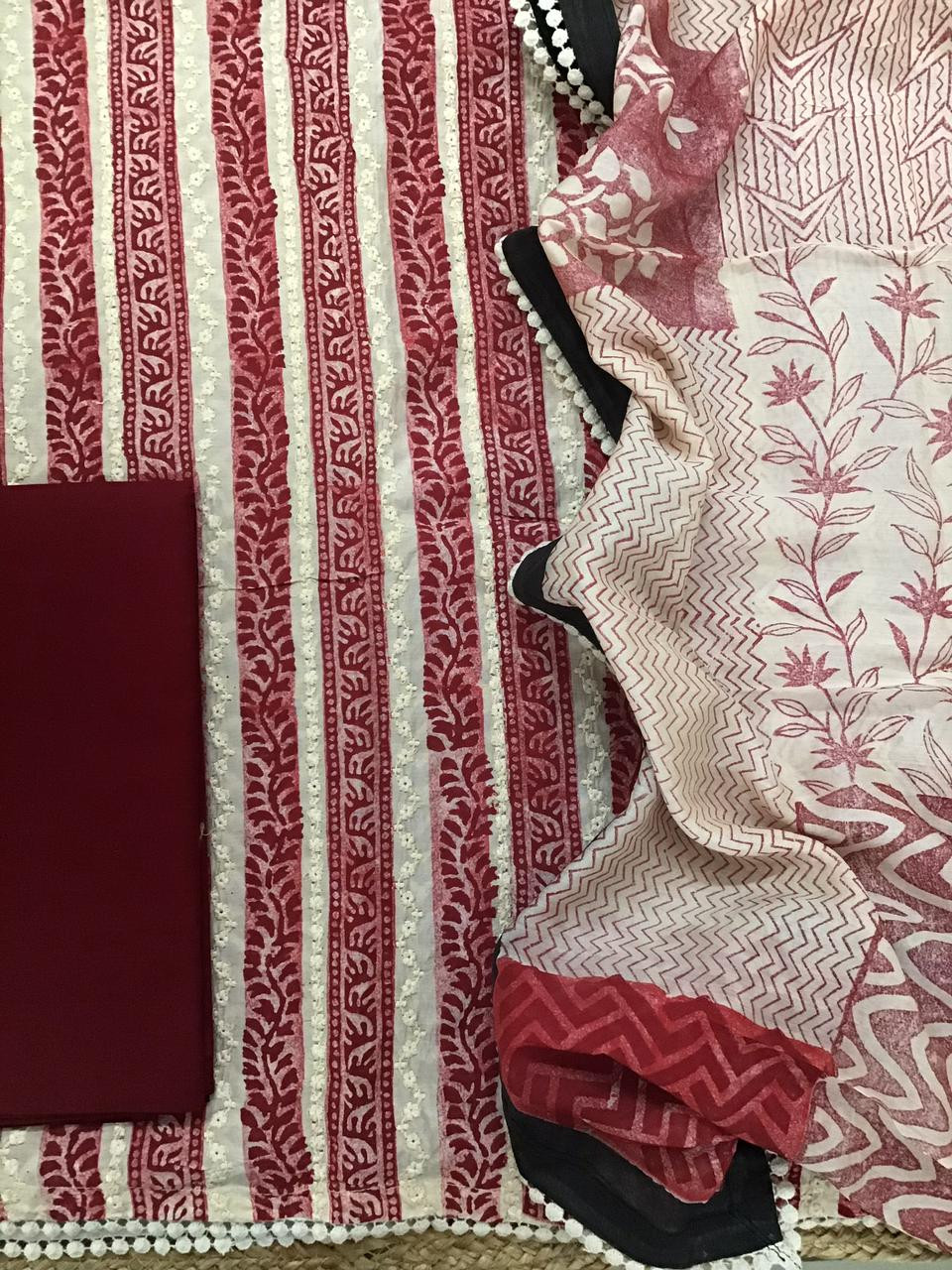 Pure Muslin Block Printed Embroidered Suit - Red