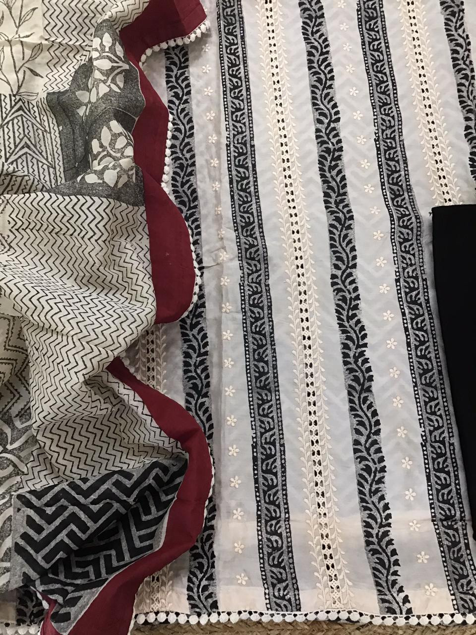 Pure Muslin Block Printed Embroidered Suit - Cream