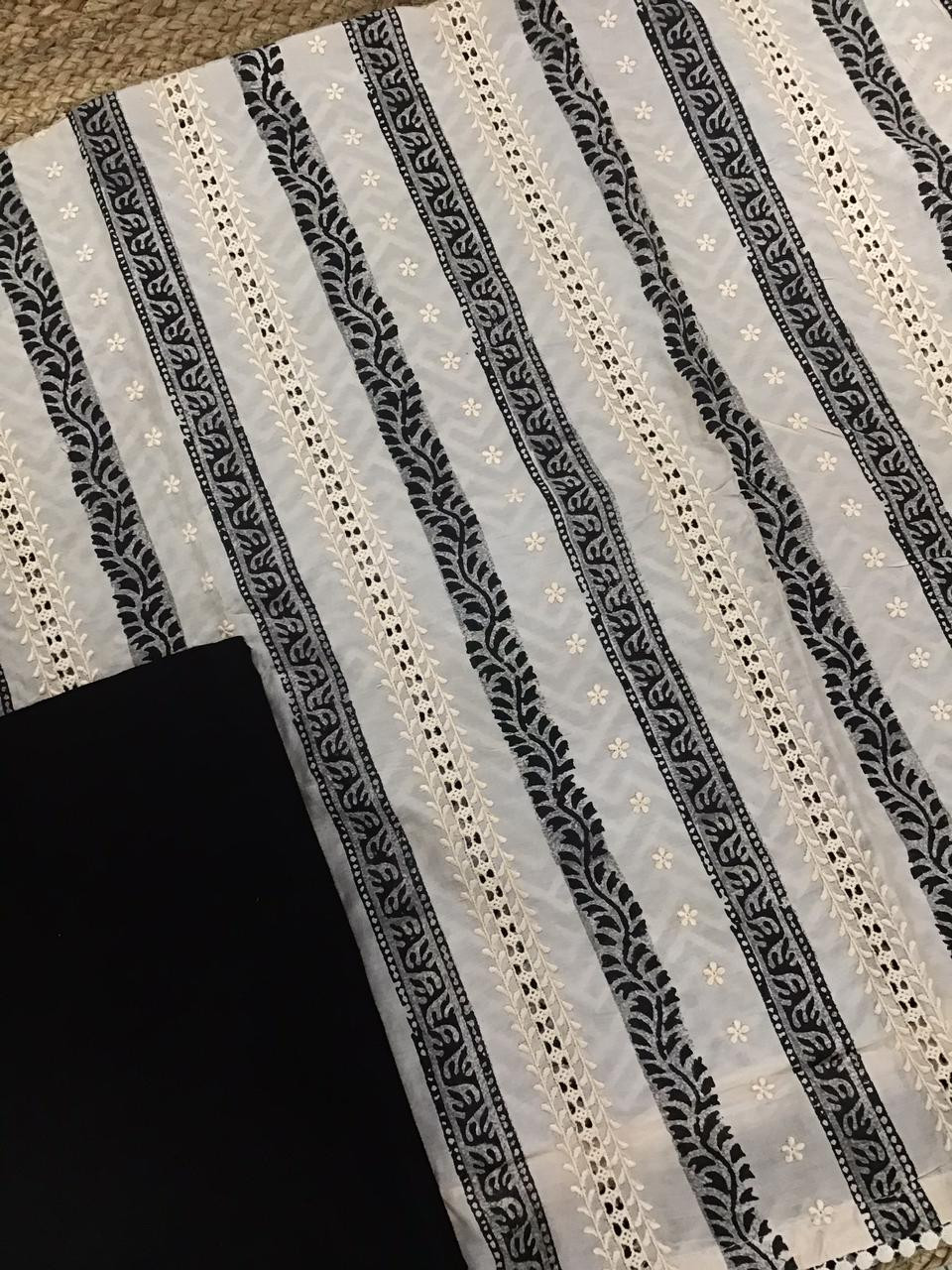 Pure Muslin Block Printed Embroidered Suit - Cream