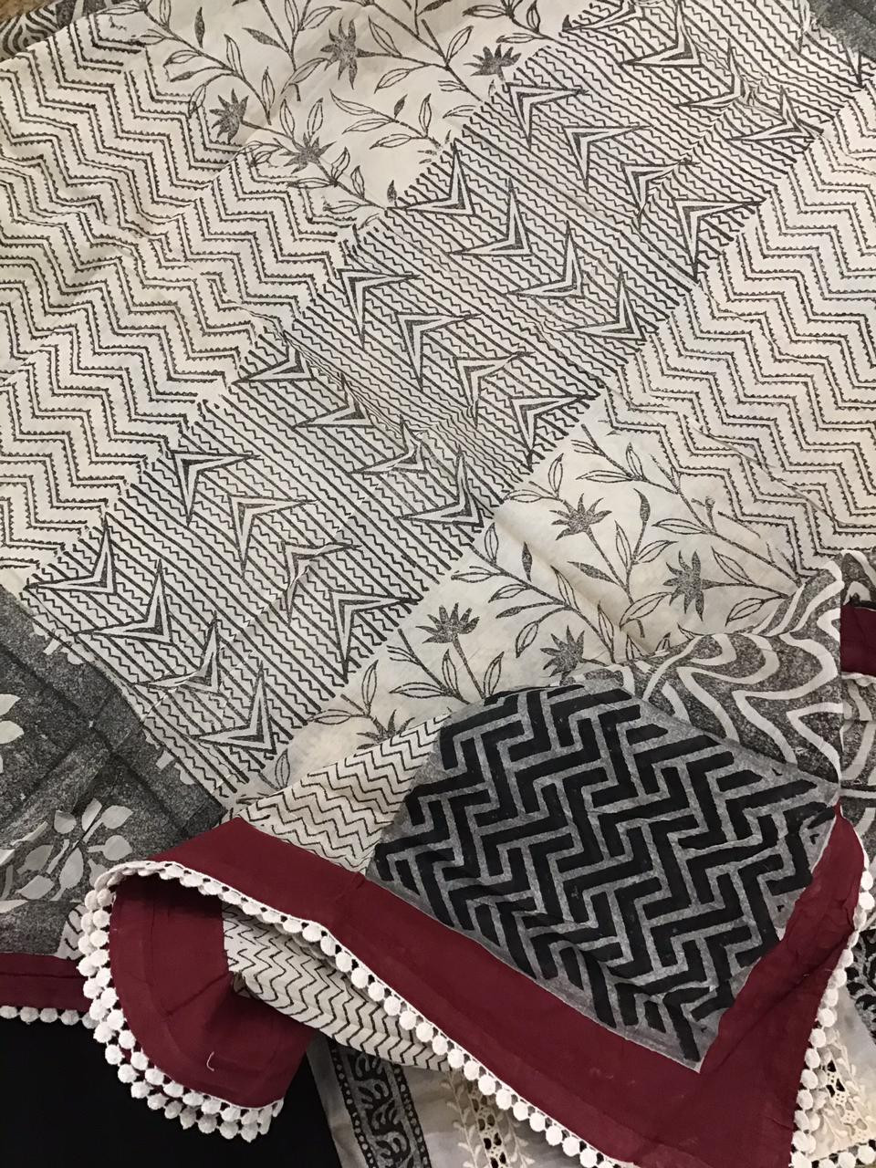 Pure Muslin Block Printed Embroidered Suit - Cream