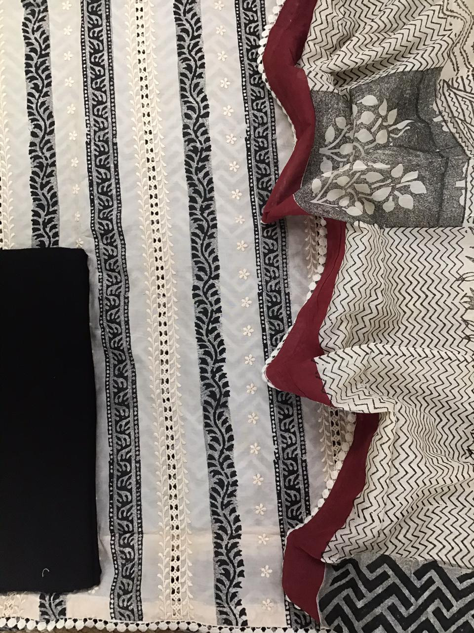 Pure Muslin Block Printed Embroidered Suit - Cream