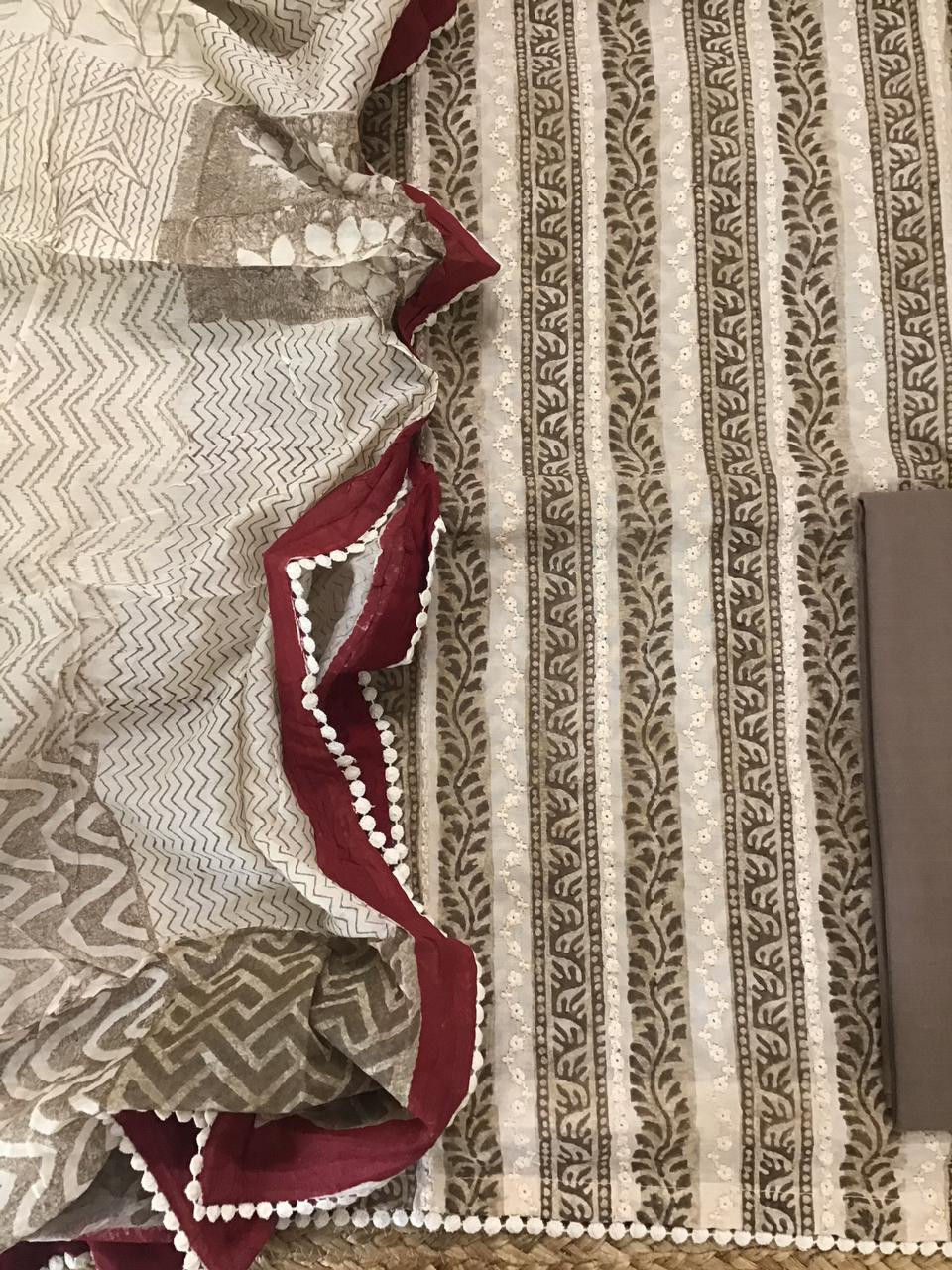 Pure Muslin Block Printed Embroidered Suit - Brown