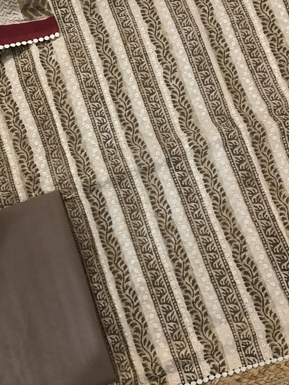 Pure Muslin Block Printed Embroidered Suit - Brown