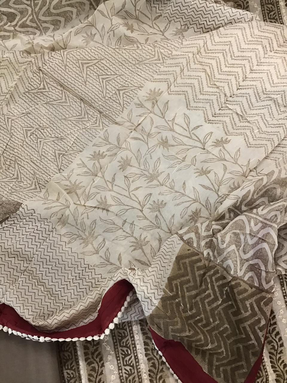 Pure Muslin Block Printed Embroidered Suit - Brown