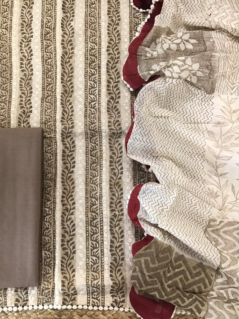 Pure Muslin Block Printed Embroidered Suit - Brown