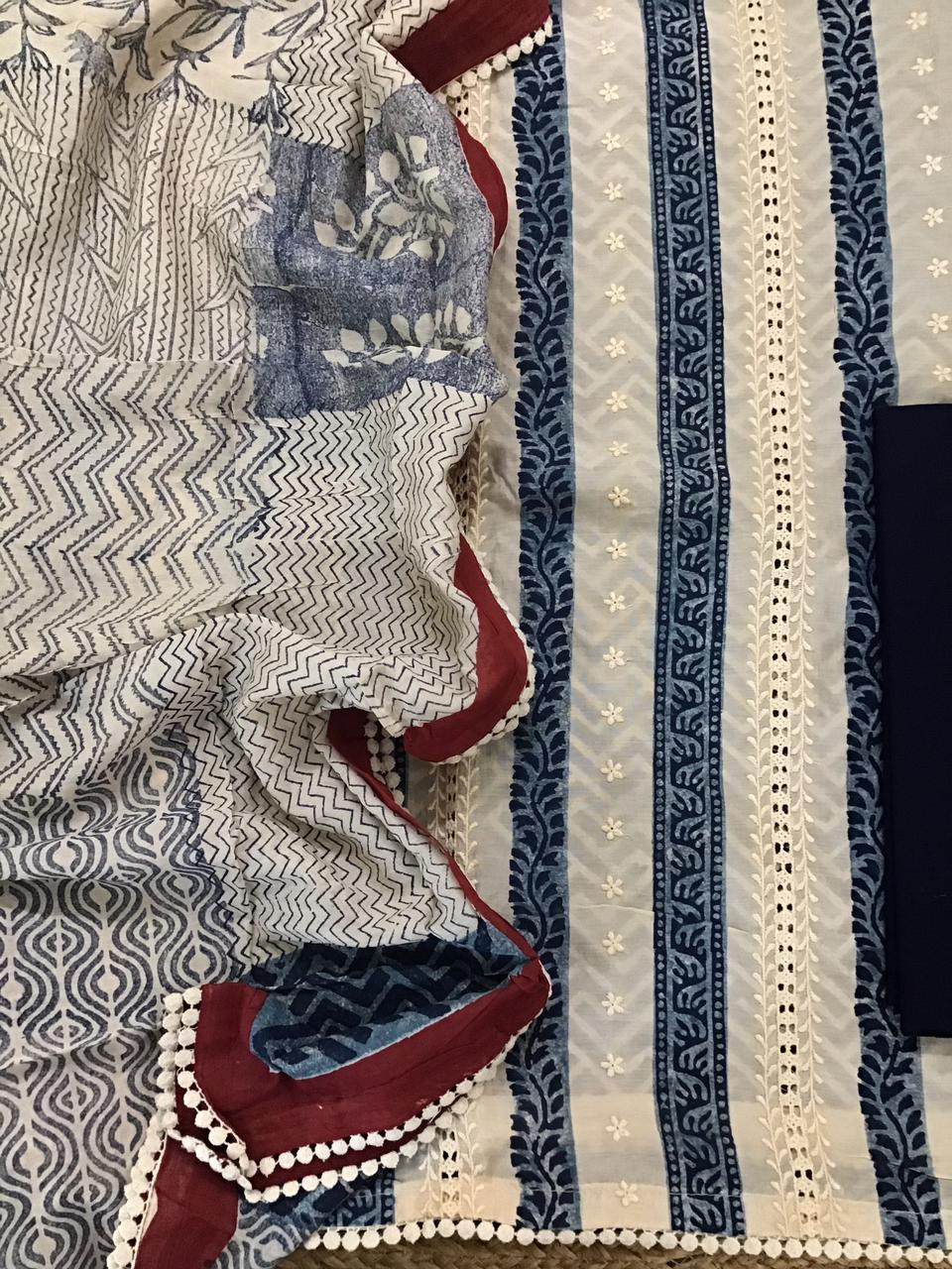 Pure Muslin Block Printed Embroidered Suit - Cream