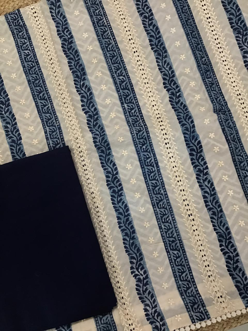 Pure Muslin Block Printed Embroidered Suit - Cream