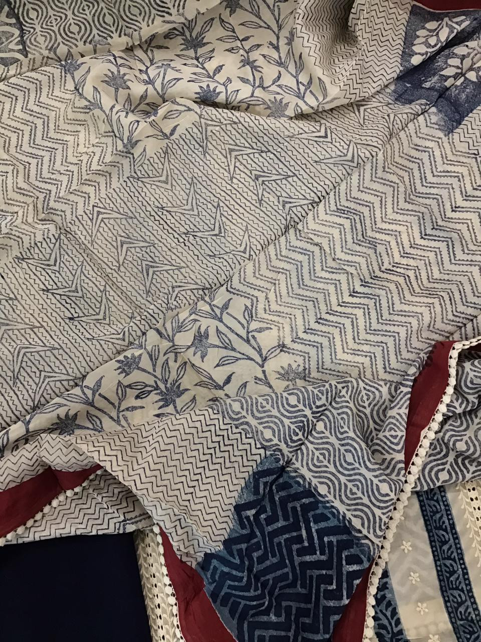 Pure Muslin Block Printed Embroidered Suit - Cream