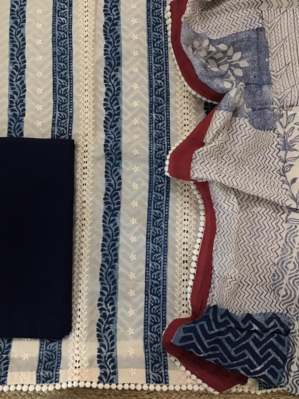 Pure Muslin Block Printed Embroidered Suit - Cream