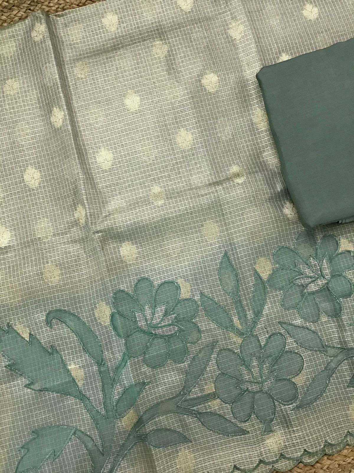 Soft Tissue Kota Silk Embroidered Suit - Green