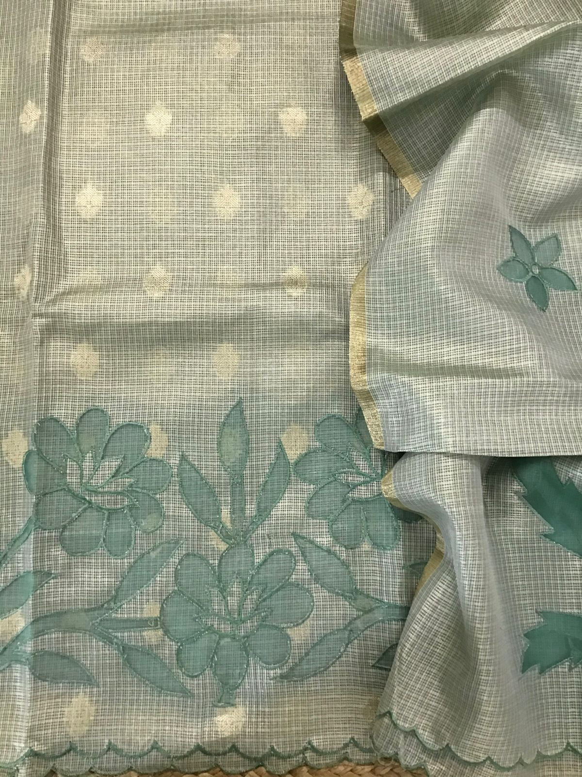 Soft Tissue Kota Silk Embroidered Suit - Green