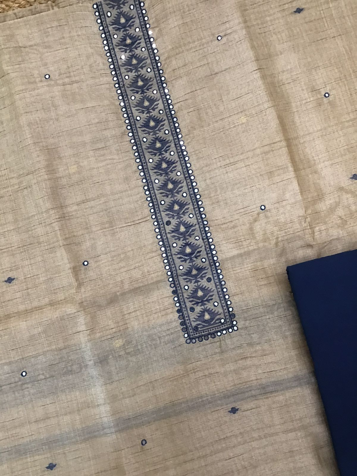 Soft Khadi Chanderi Jamdani Weaved Embroidered Suit - Beige