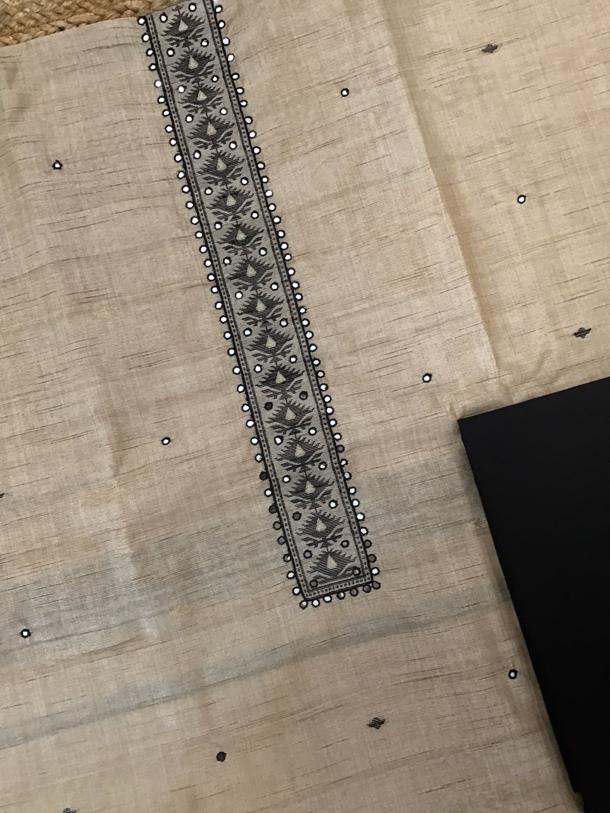 Soft Khadi Chanderi Jamdani Weaved Embroidered Suit - Beige