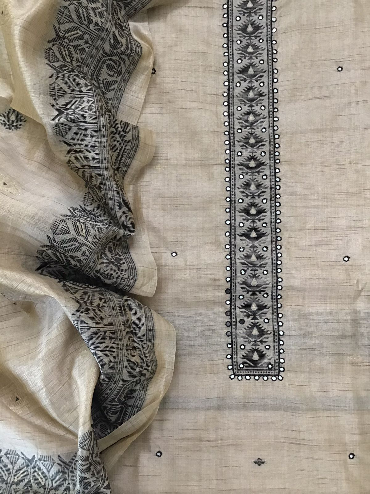 Soft Khadi Chanderi Jamdani Weaved Embroidered Suit - Beige