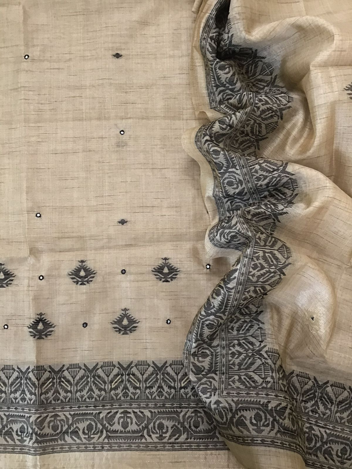 Soft Khadi Chanderi Jamdani Weaved Embroidered Suit - Beige