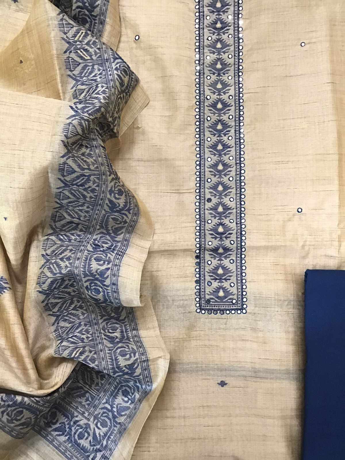 Soft Khadi Chanderi Jamdani Weaved Embroidered Suit - Beige