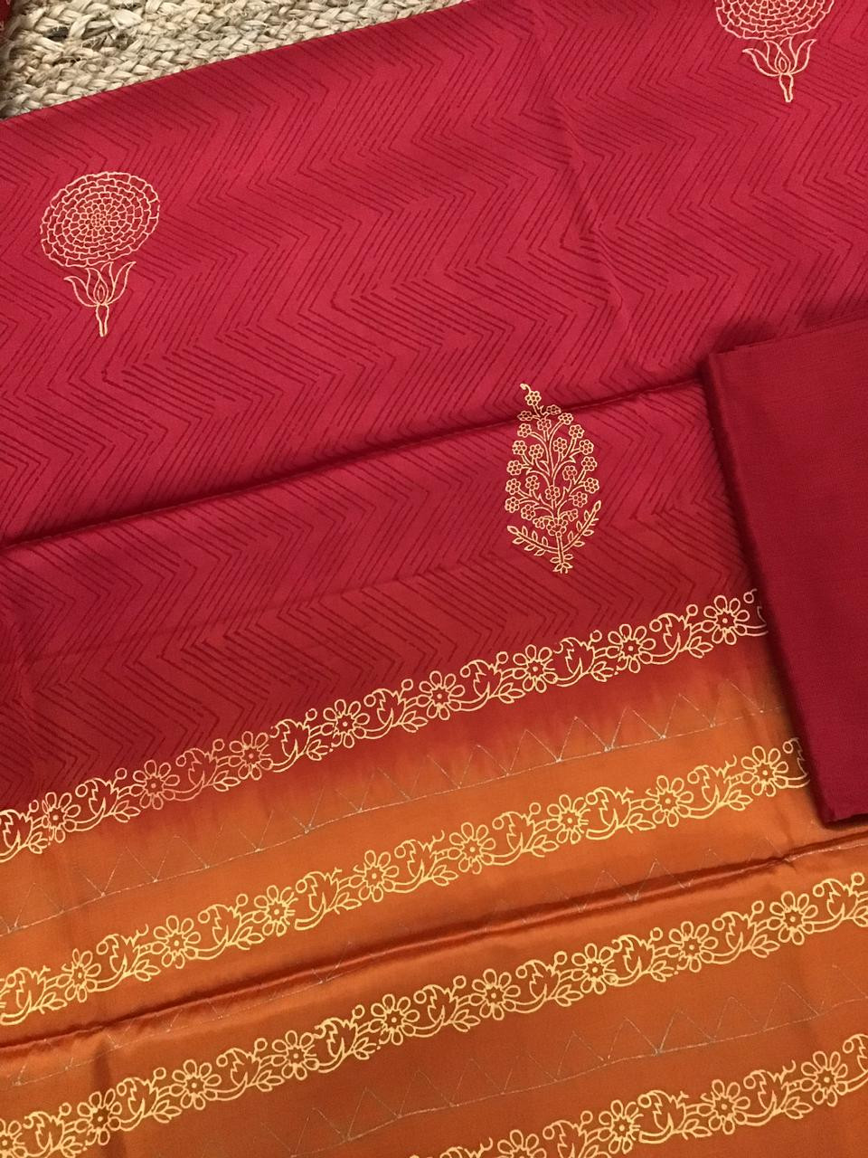 Pure Cotton Silk Printed Suit - Red