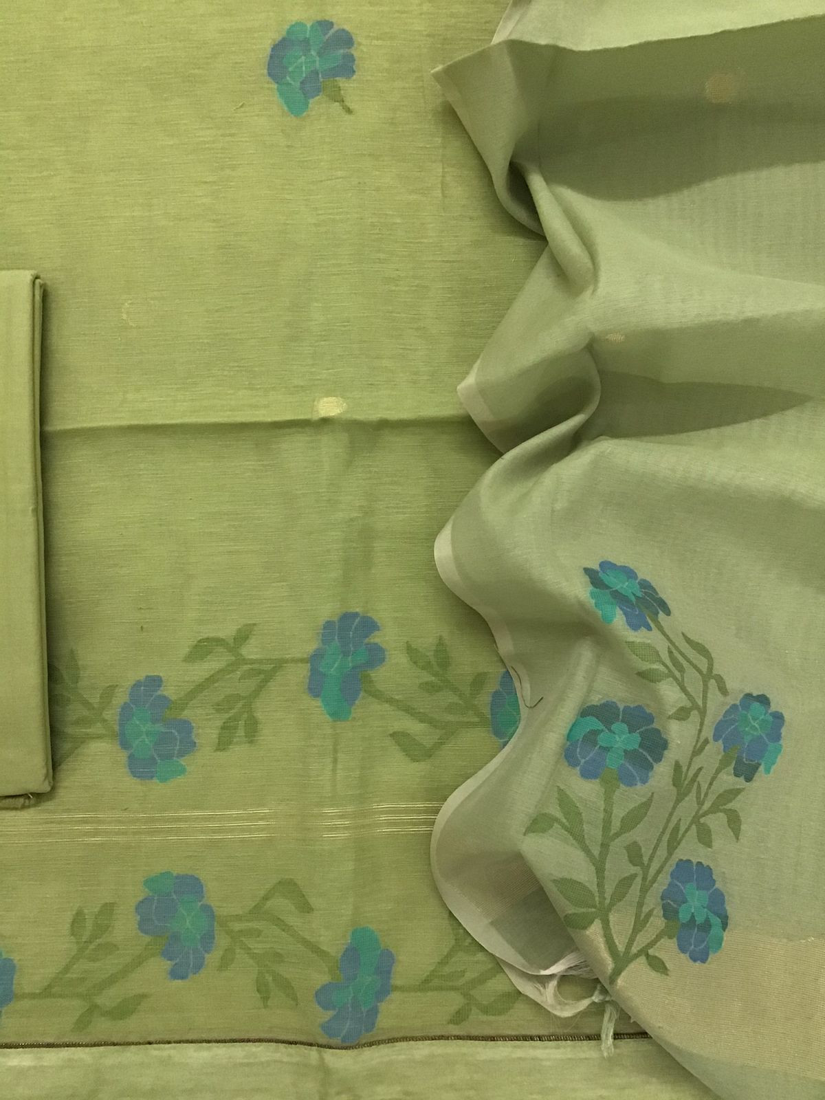 Soft Slub Chanderi Jamdani Weaved Suit - Green