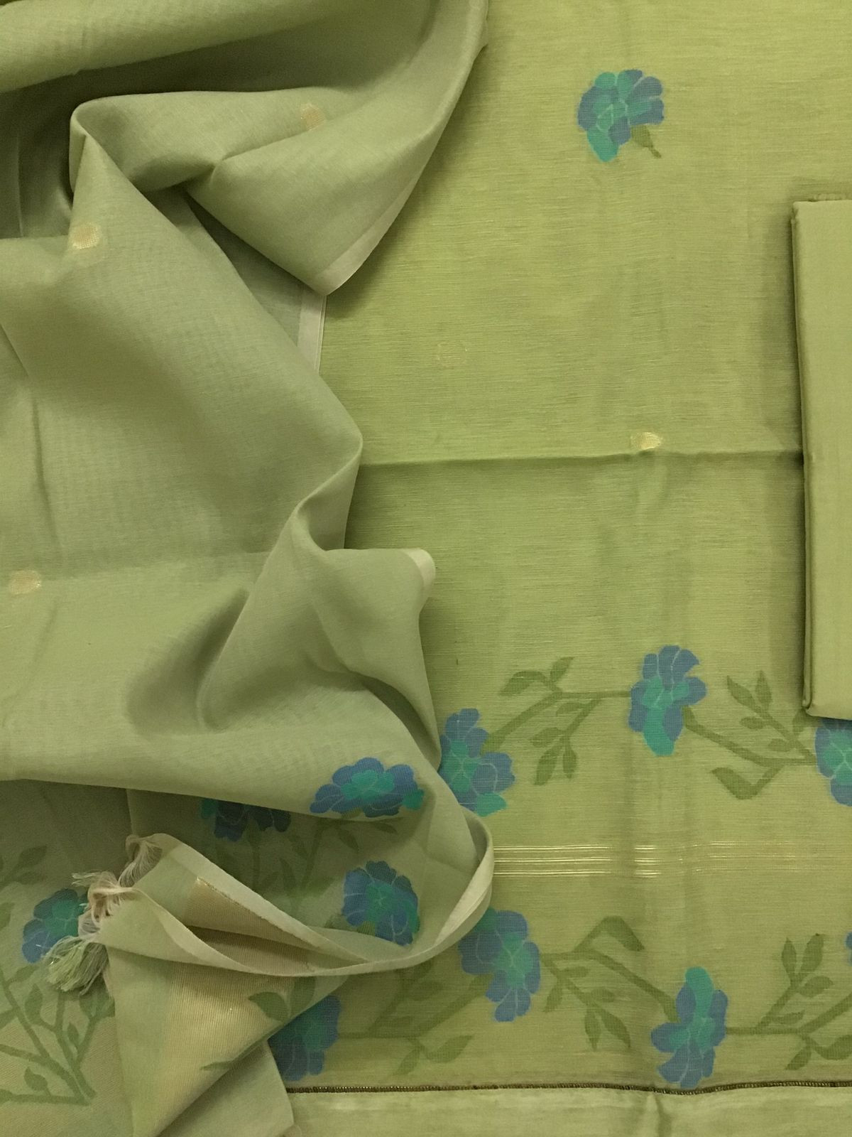 Soft Slub Chanderi Jamdani Weaved Suit - Green