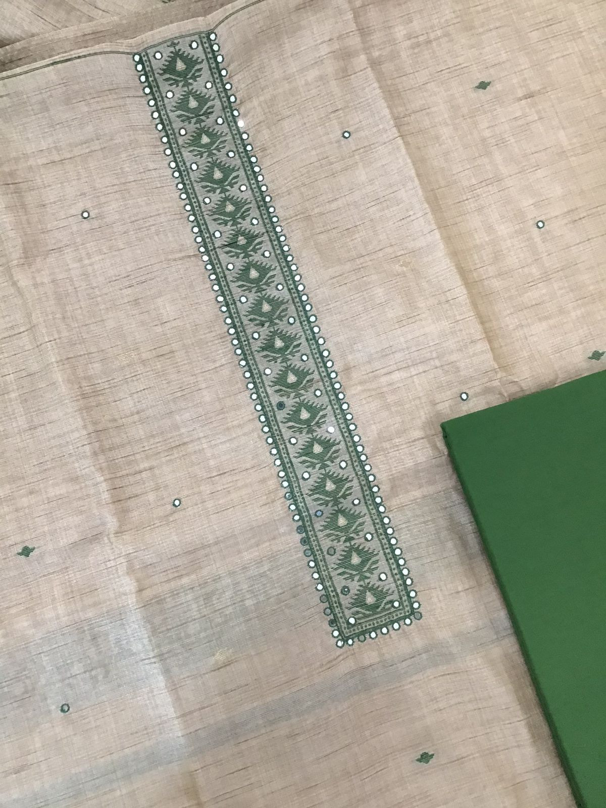 Soft Khadi Chanderi Jamdani Weaved Embroidered Suit - Beige