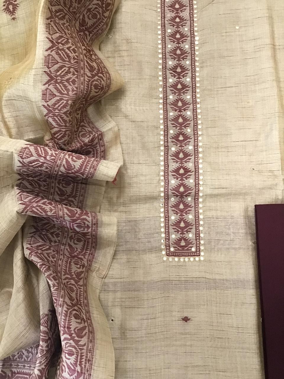 Soft Khadi Chanderi Jamdani Weaved Embroidered Suit - Beige