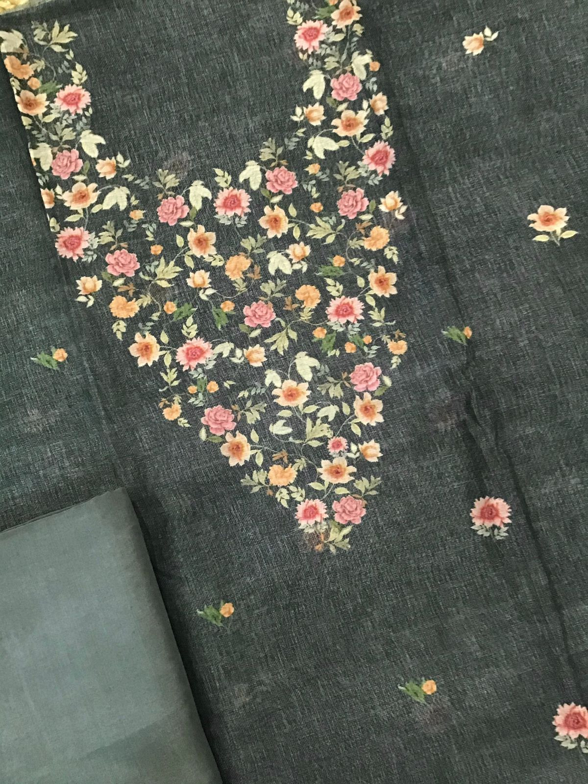 Pure Chanderi Digital Printed Suit - Olive Grey