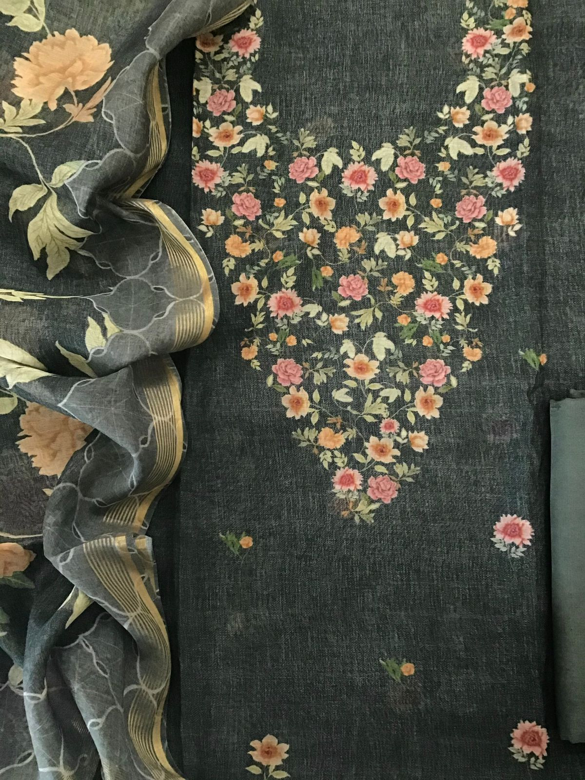 Pure Chanderi Digital Printed Suit - Olive Grey