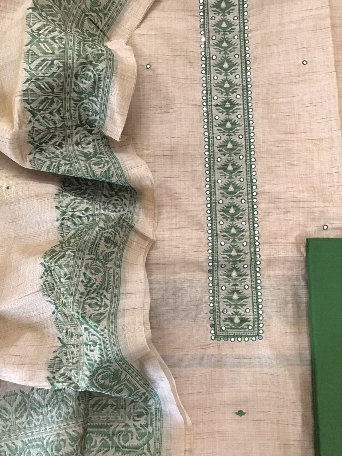 Soft Khadi Chanderi Jamdani Weaved Embroidered Suit - Beige