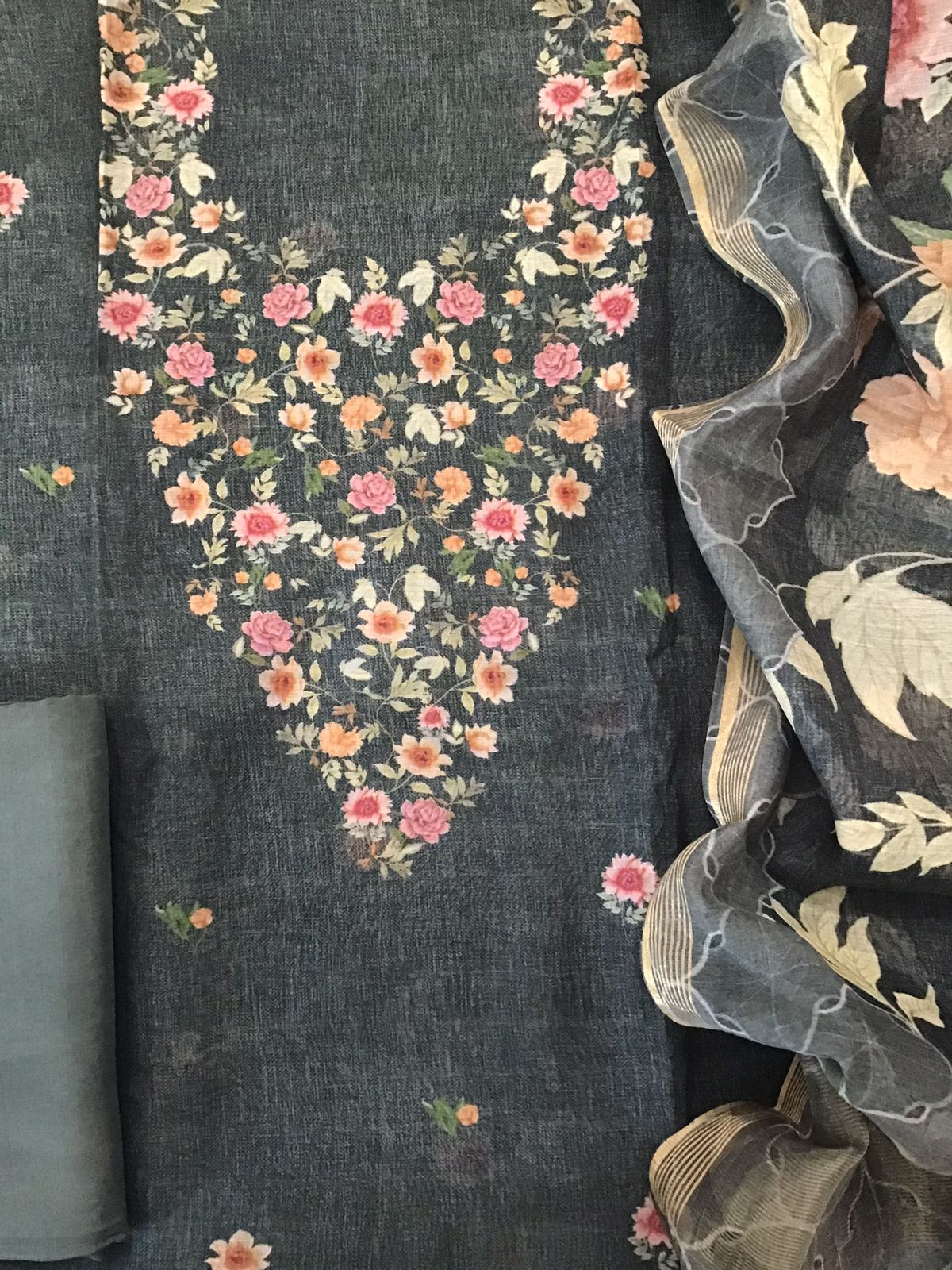 Pure Chanderi Digital Printed Suit - Olive Grey