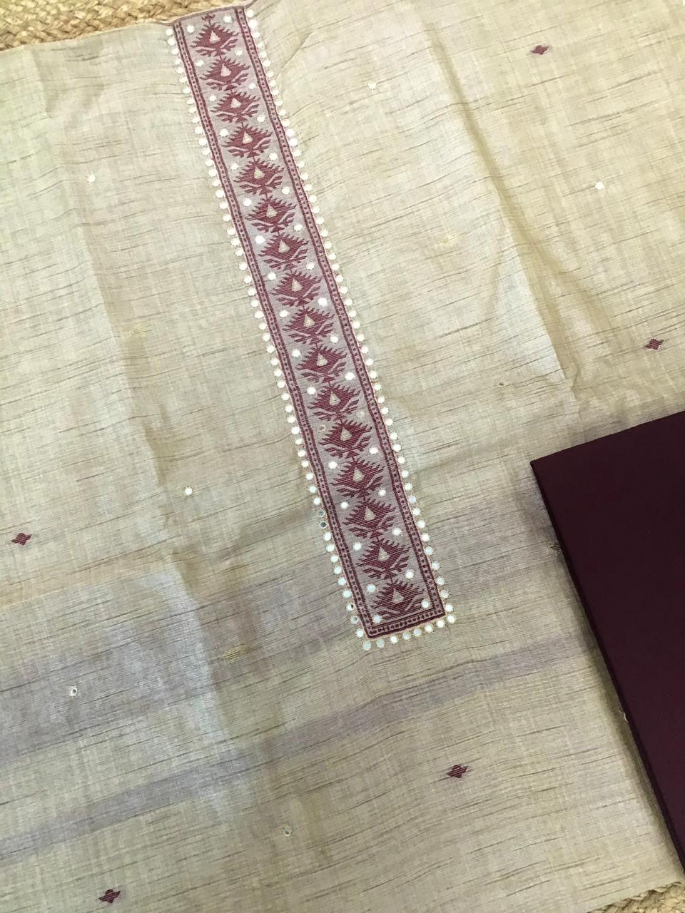 Soft Khadi Chanderi Jamdani Weaved Embroidered Suit - Beige
