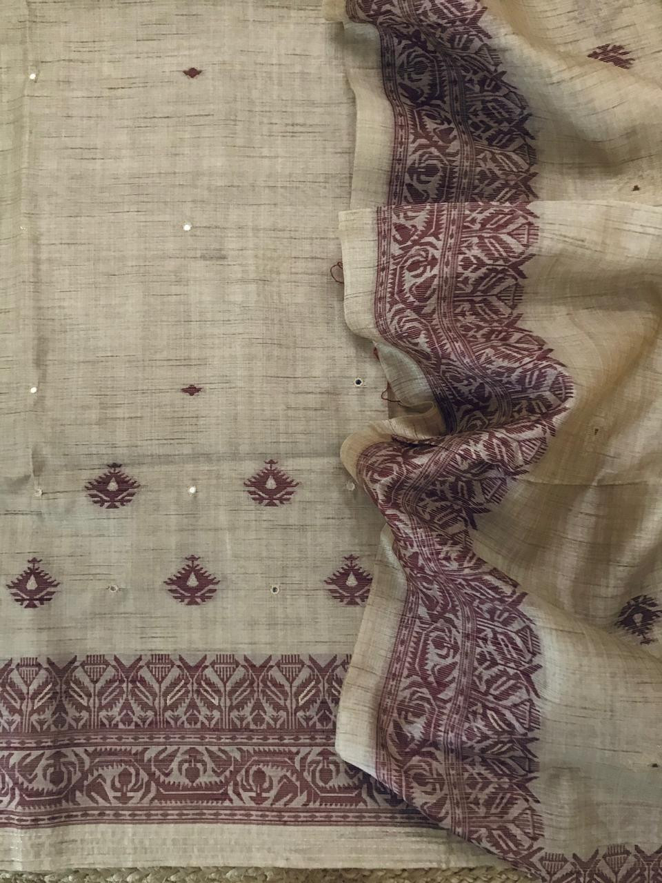 Soft Khadi Chanderi Jamdani Weaved Embroidered Suit - Beige