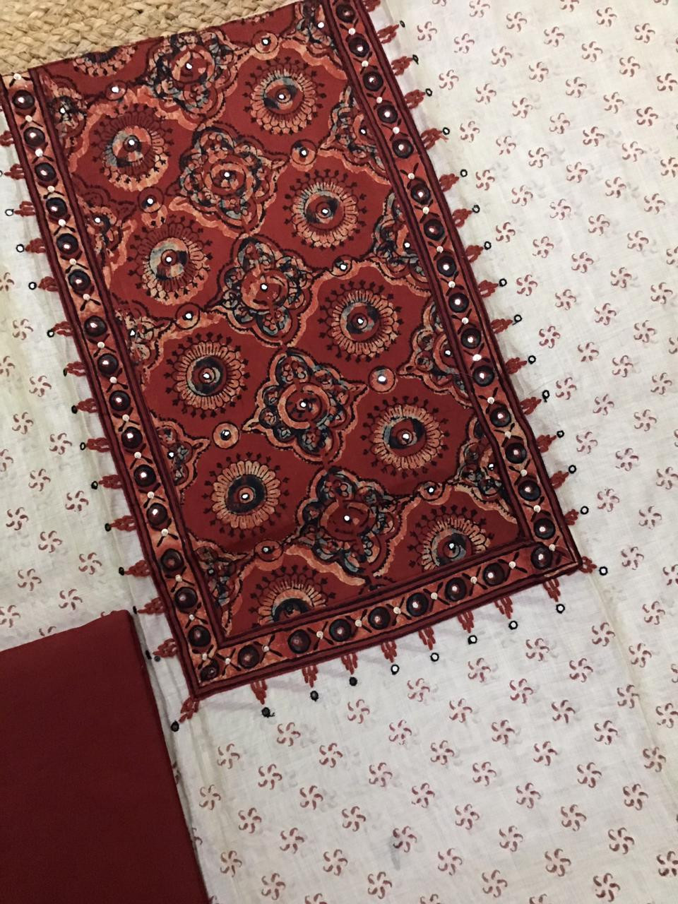 Soft Slub Chanderi Printed Embroidered Suit - Beige