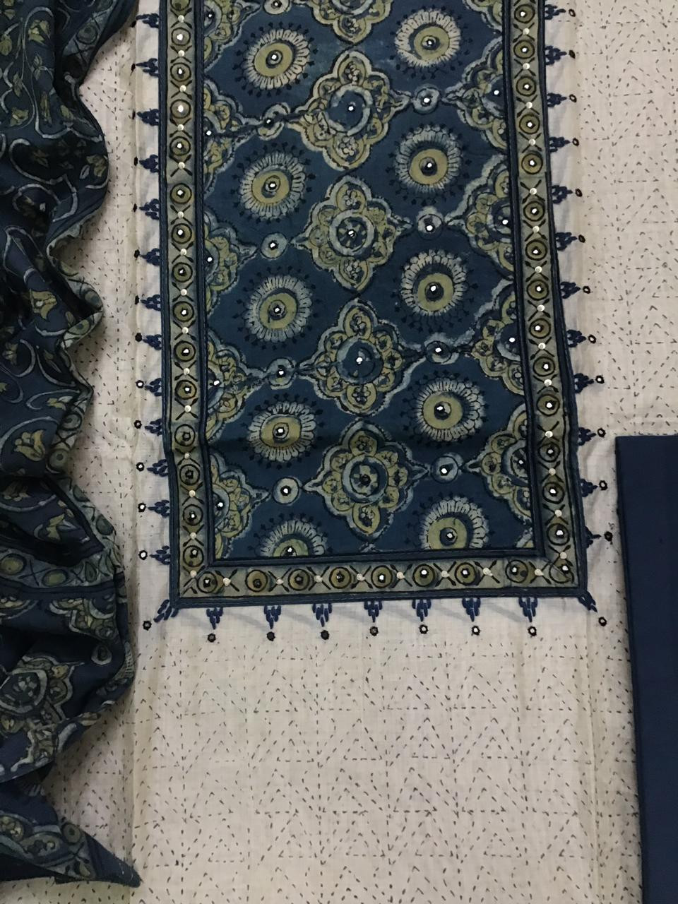 Soft Slub Chanderi Printed Embroidered Suit - Beige