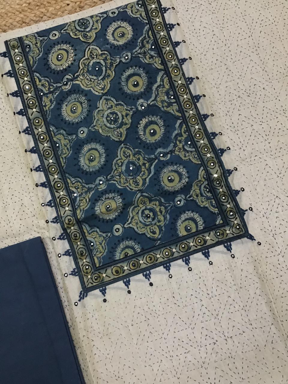 Soft Slub Chanderi Printed Embroidered Suit - Beige