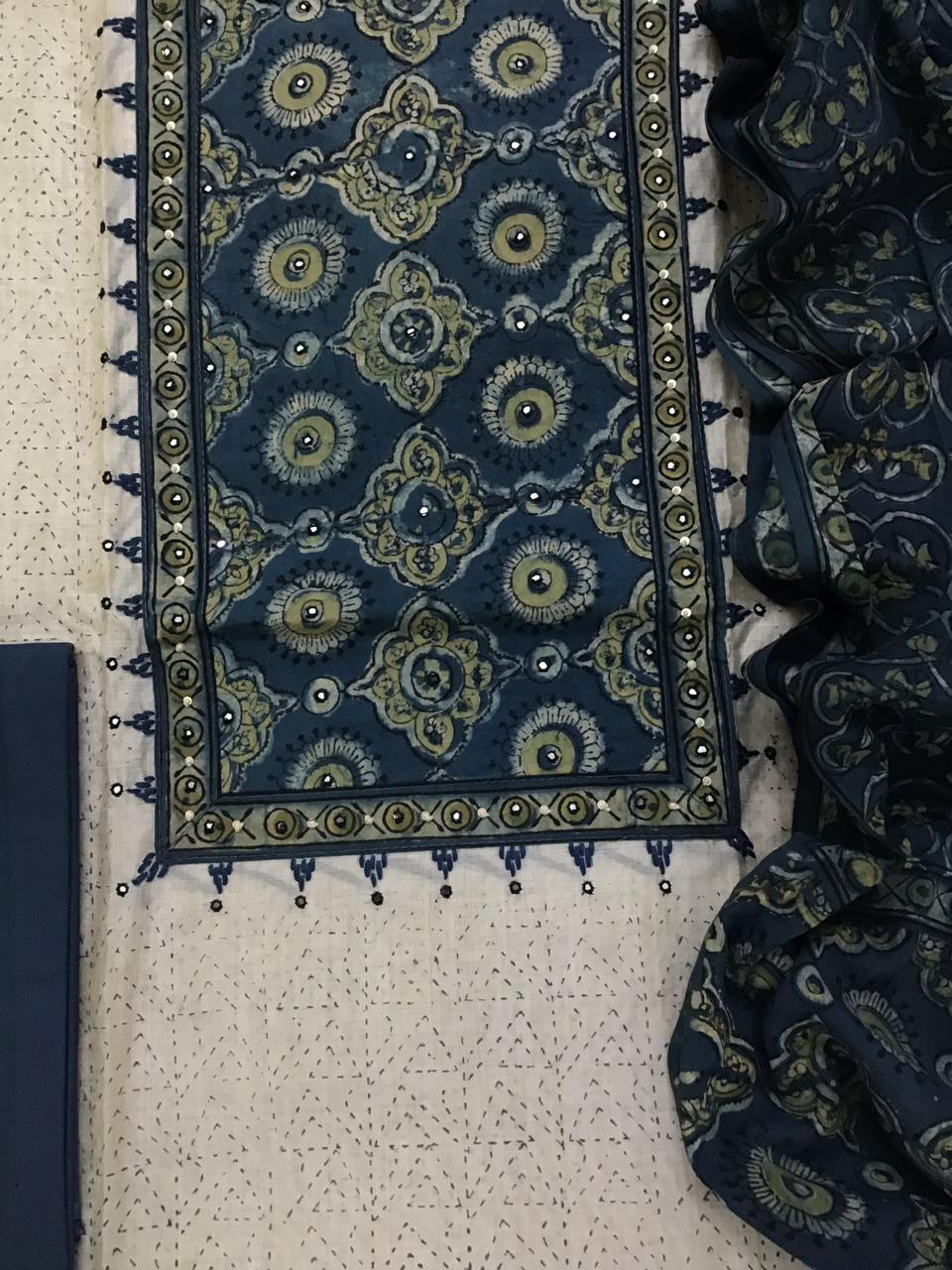 Soft Slub Chanderi Printed Embroidered Suit - Beige