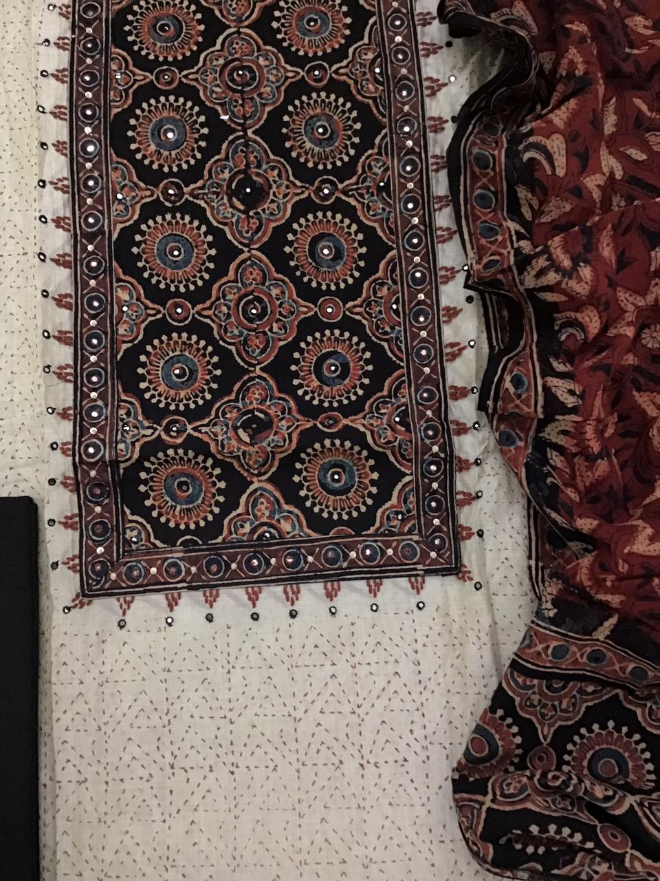 Soft Slub Chanderi Printed Embroidered Suit - Beige