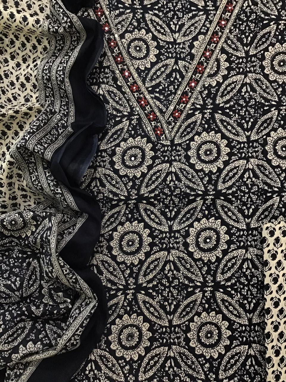 Pure Cotton Printed Embroidered Suit - Black