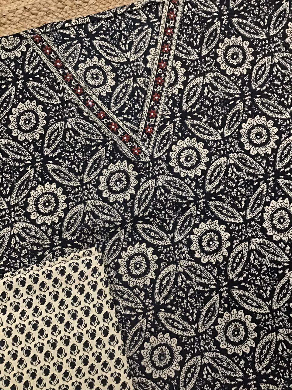 Pure Cotton Printed Embroidered Suit - Black