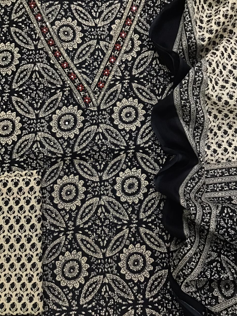Pure Cotton Printed Embroidered Suit - Black