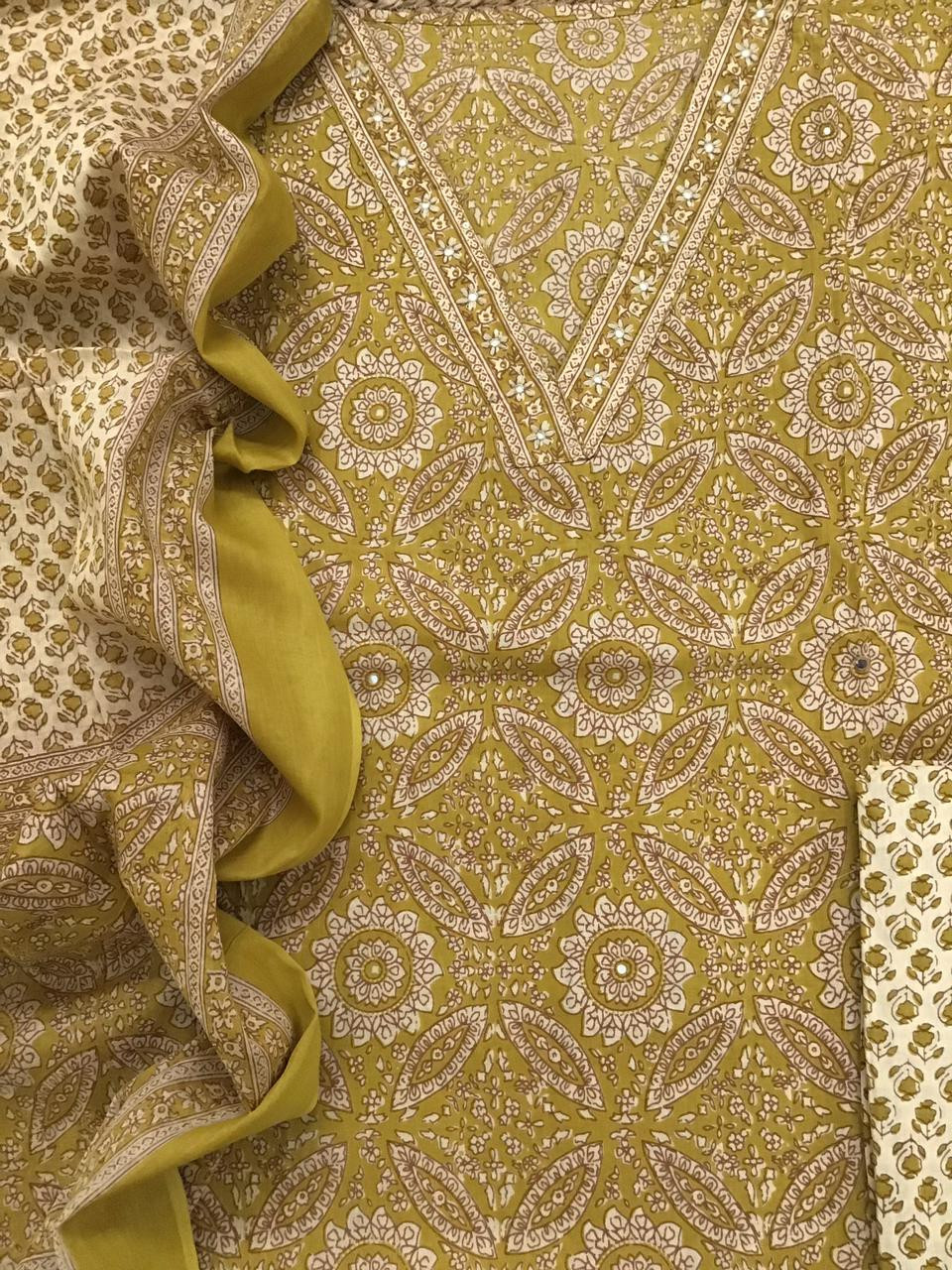 Pure Cotton Printed Embroidered Suit - Yellow