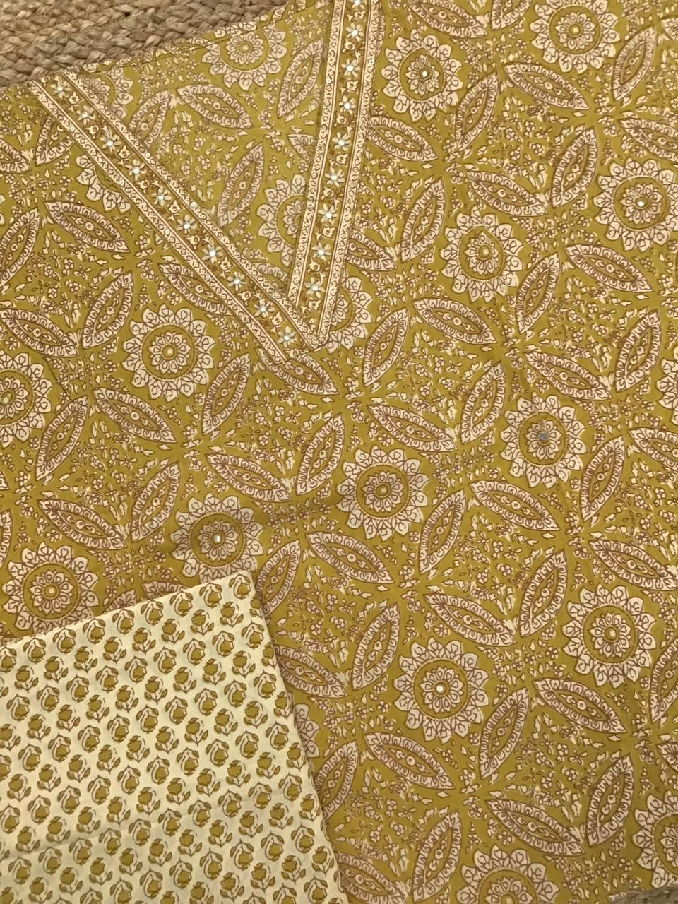 Pure Cotton Printed Embroidered Suit - Yellow