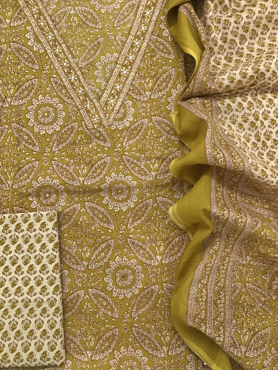Pure Cotton Printed Embroidered Suit - Yellow