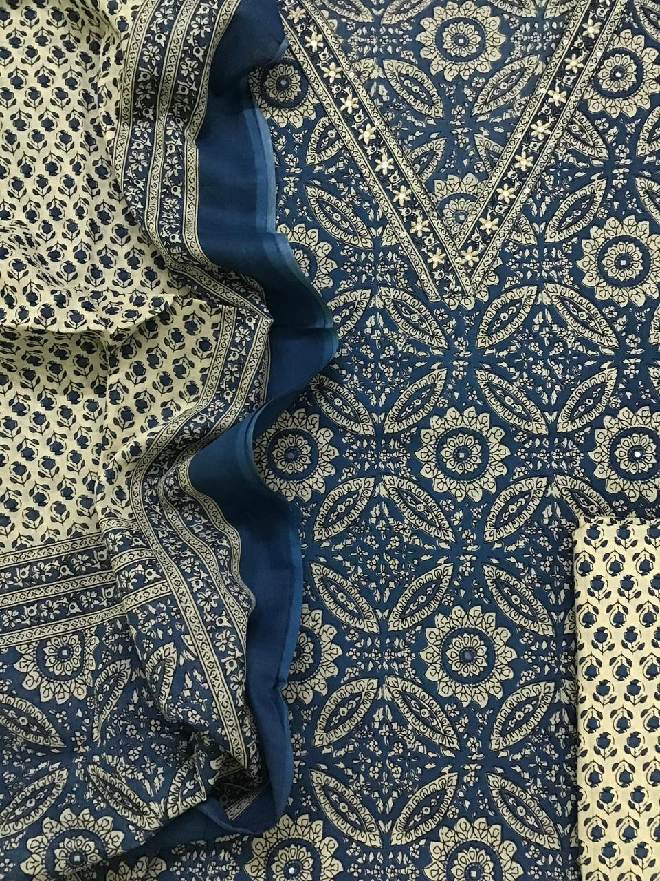 Pure Cotton Printed Embroidered Suit - Blue