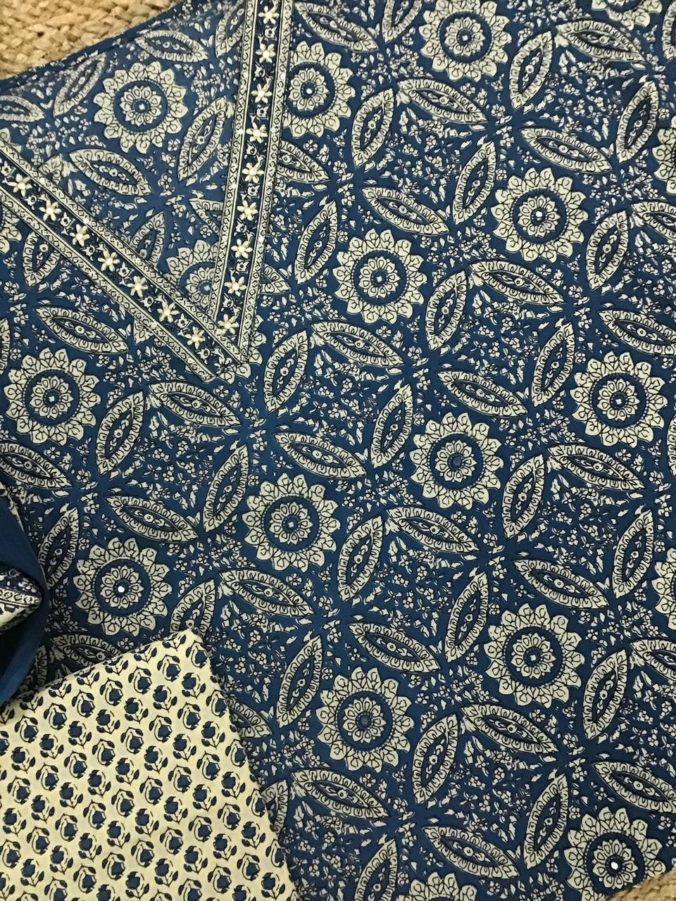 Pure Cotton Printed Embroidered Suit - Blue