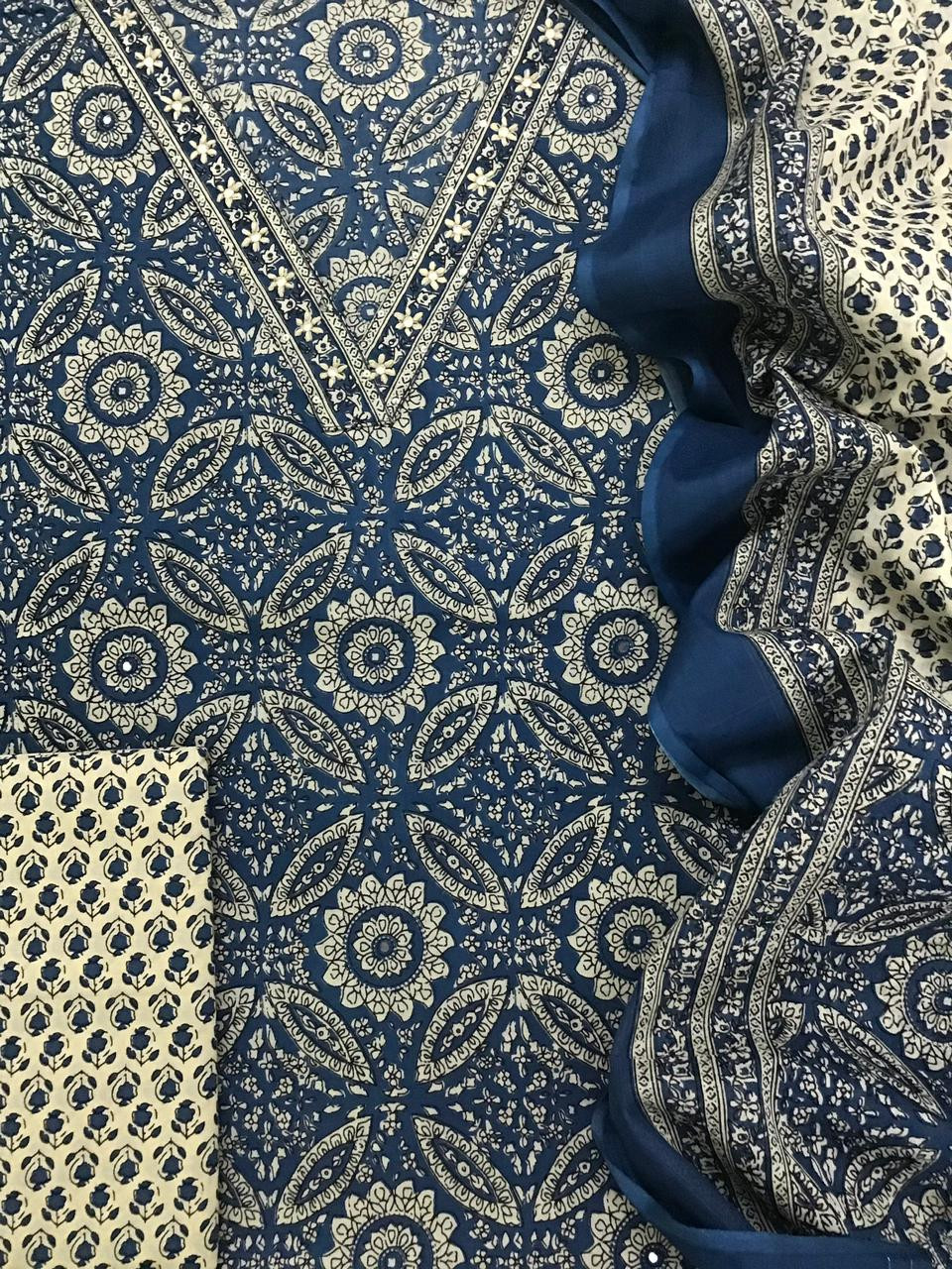 Pure Cotton Printed Embroidered Suit - Blue