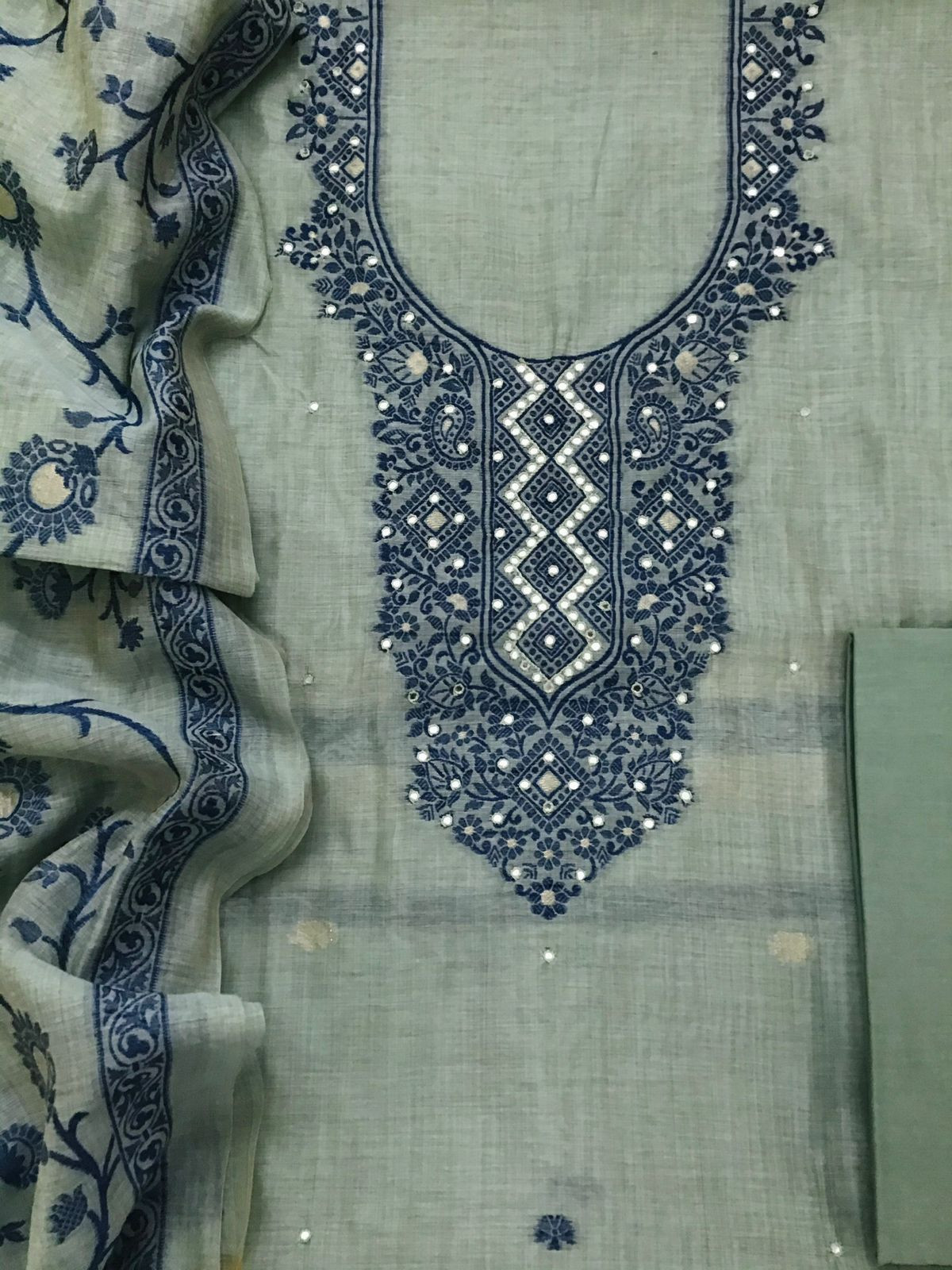 Soft Slub Chanderi Jamdani Weaved Embroidered Suit - Blue