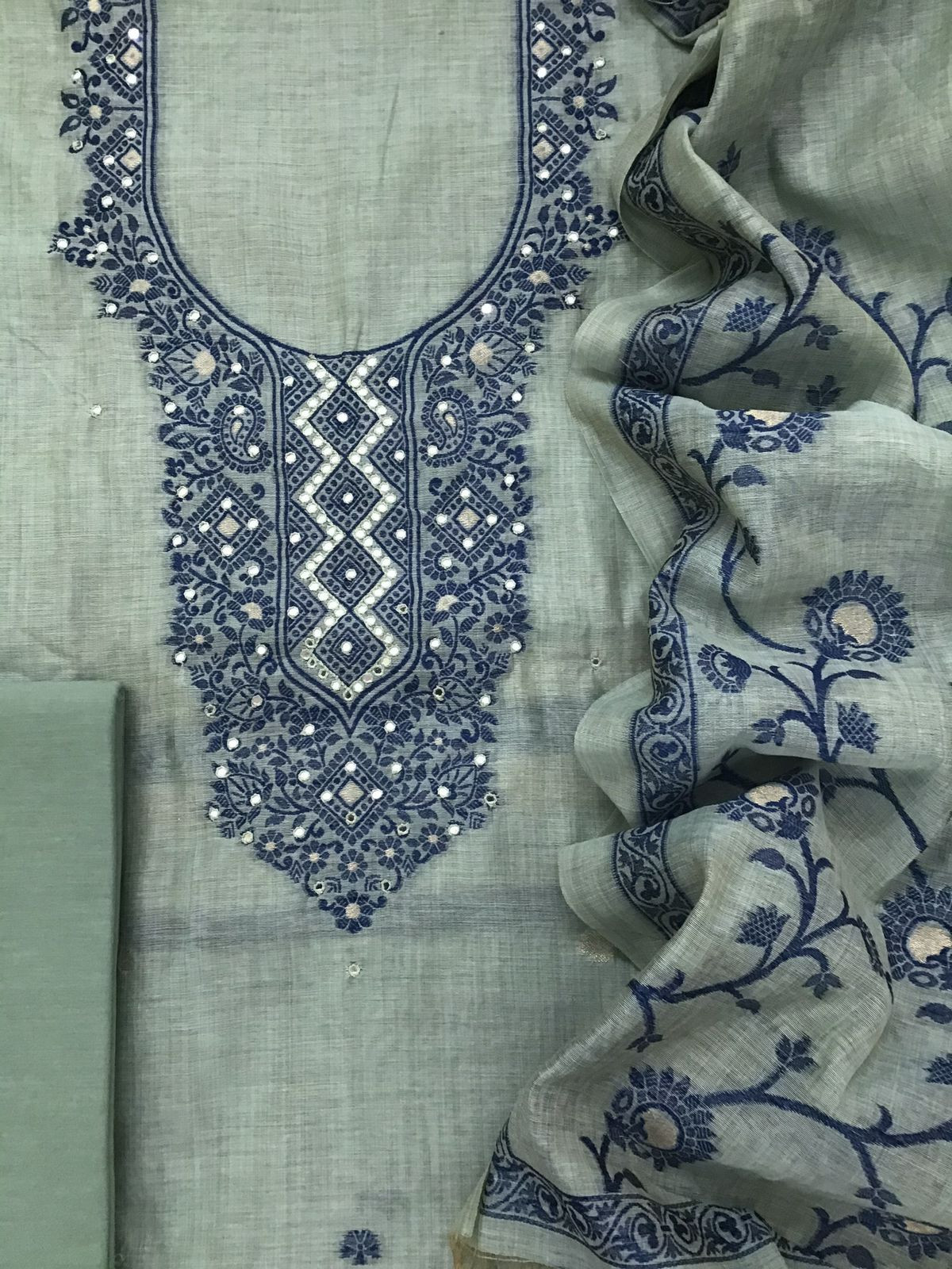 Soft Slub Chanderi Jamdani Weaved Embroidered Suit - Blue