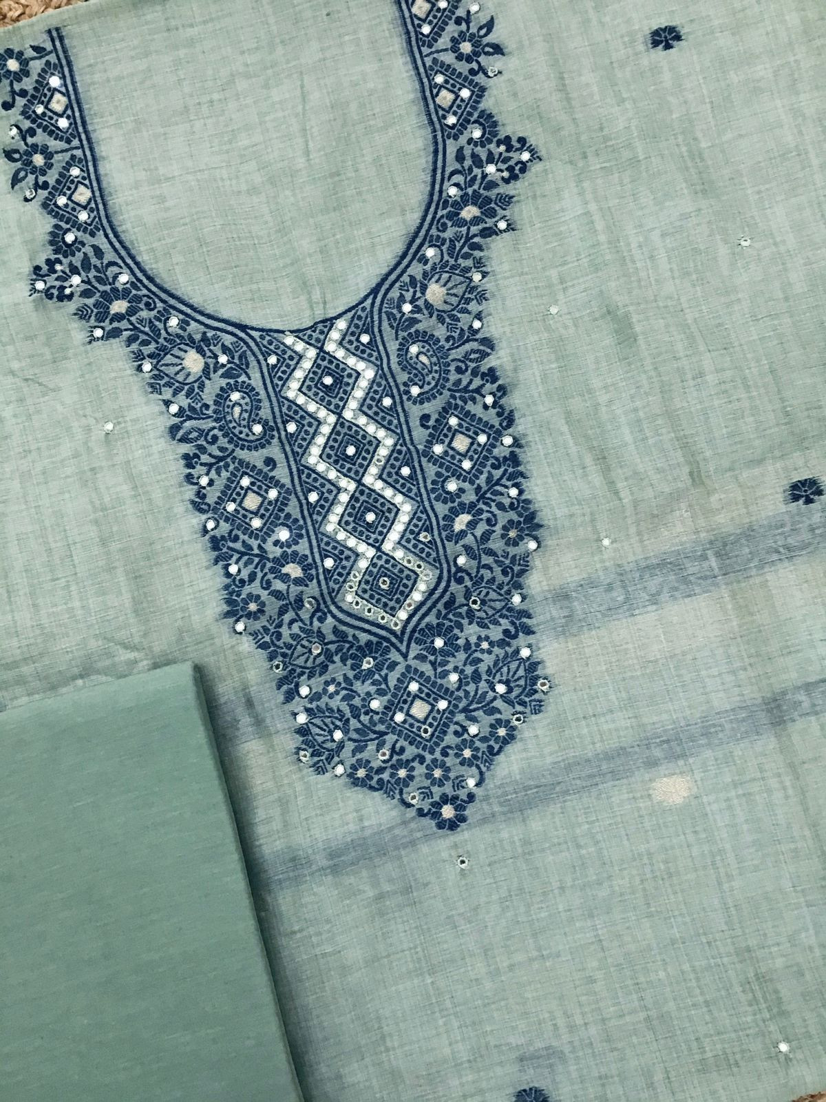 Soft Slub Chanderi Jamdani Weaved Embroidered Suit - Blue