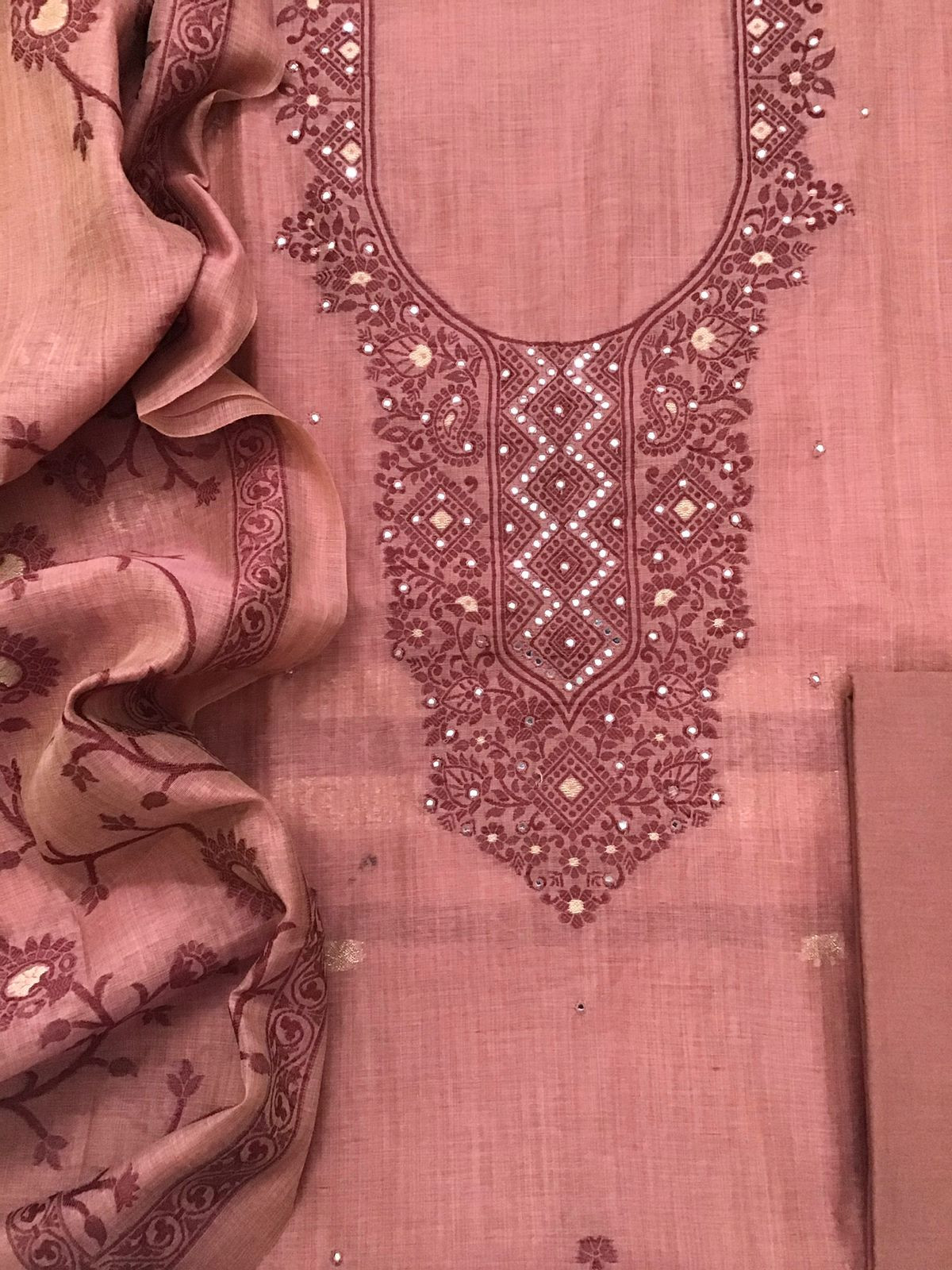 Soft Slub Chanderi Jamdani Weaved Embroidered Suit - Peach