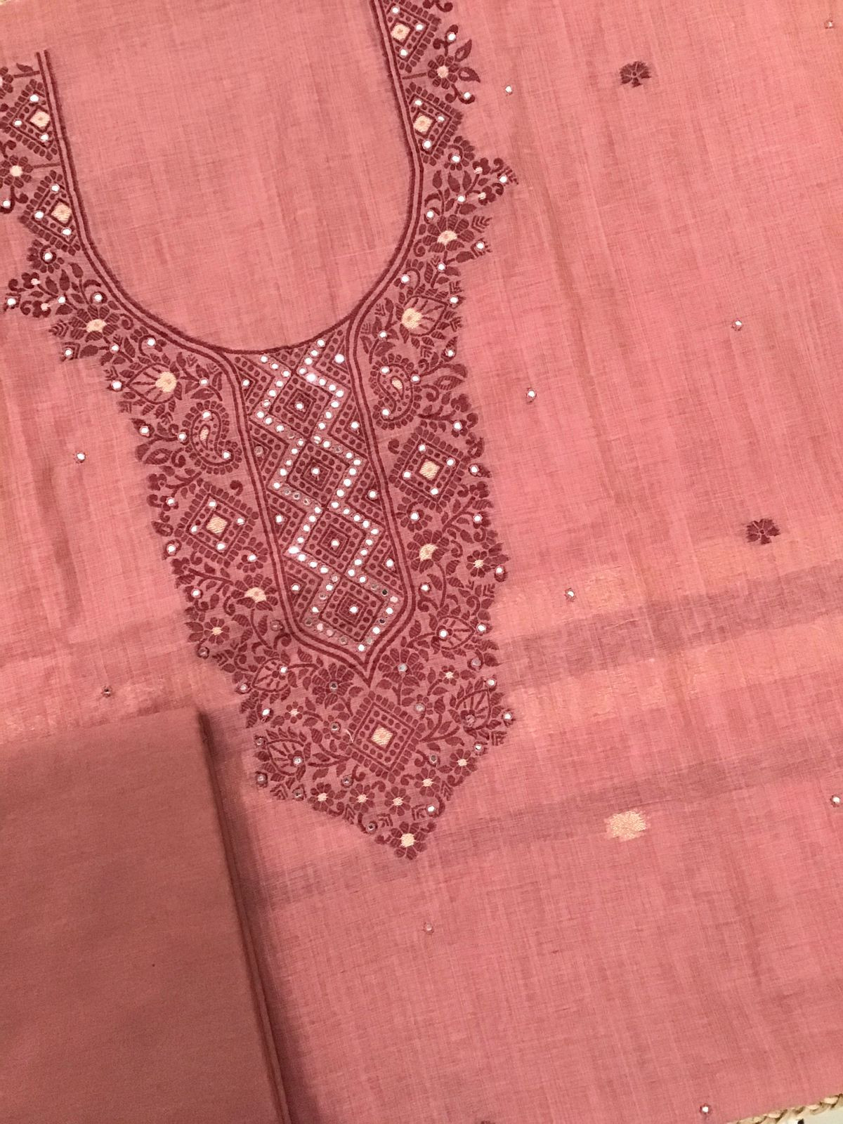 Soft Slub Chanderi Jamdani Weaved Embroidered Suit - Peach